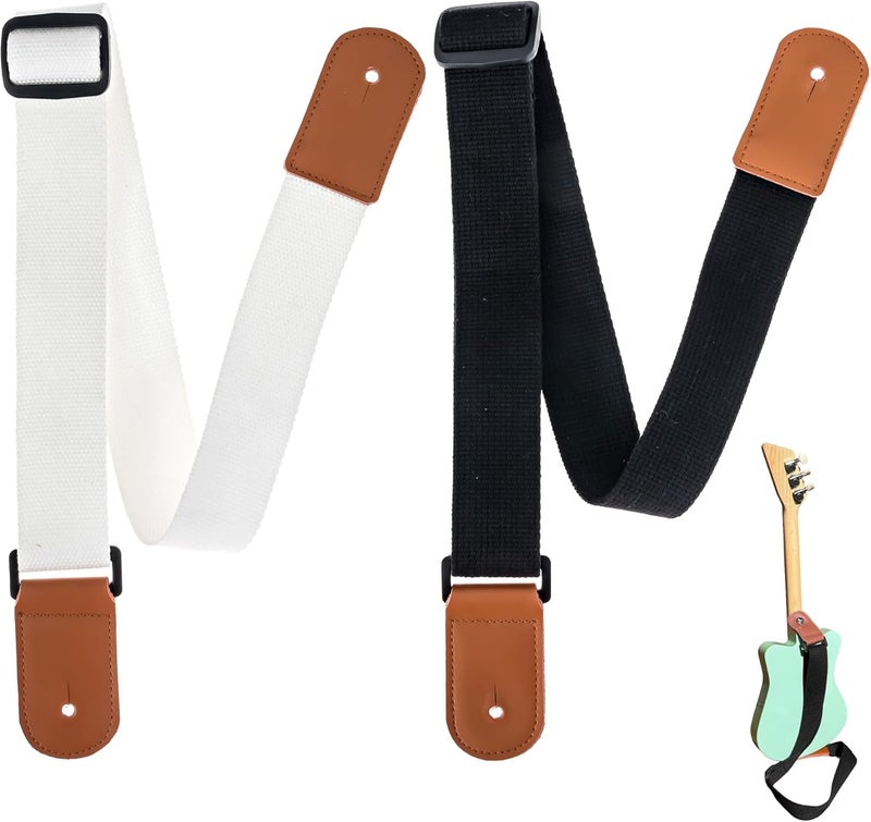 Samorillo [2 Pack] Guitar Strap for Kids - 1 White Strap + 1 Black Strap With Leather Ends - Perfect Fit For Mini Guitars & Ukuleles - Extends Up To 39" For Adults - Image 1